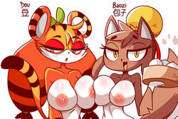 2019 :3 anthro baozi_(diives) biped breast_squish breasts brown_fur bun_cover canid dou_(diives) duo felid female fur hip_tuft light_fur lucyfercomic mammal multicolored_fur nipples nude orange_fur original original_character original_characters pale_fur pantherine simple_background squish stripes tiger two_tone_fur white_background white_fur xingzuo_temple yellow_eyes