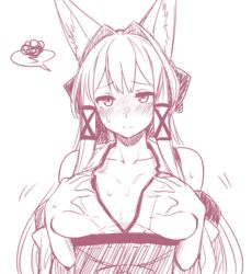 3: animal_ears bangs blush bow breasts closed_mouth collarbone commentary_request eyebrows_visible_through_hair female fox_ears fox_girl hair_intakes hair_ribbon hairbow hands_on_own_chest japanese_clothes kimono large_breasts long_hair looking_at_viewer original revision ribbon ryuusei_(ryuuseiseikou) simple_background sketch sleeveless sleeveless_kimono solo spoken_squiggle squiggle tamamo_(ryuusei) tamamo_(yagi) upper_body yagi_(ningen)