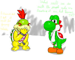 2012 bib blush bowser_jr. breaking_the_fourth_wall covering covering_crotch duo koopa looking_at_viewer male male_only mario_(series) nintendo open_mouth scalie shell simple_background slit smile smirk tairenukitty video_games white_background yoshi