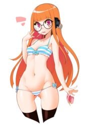 1girls blue_striped_bra blue_striped_panties bra female female_only halphelt long_hair orange_hair panties persona persona_5 pink_eyes sakura_futaba small_breasts solo striped_bra striped_panties underwear