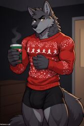 ai_generated anthro arms_up athletic athletic_anthro athletic_male big_bulge big_muscles black_boxers boxer_briefs boxers bulge bulge_under_clothes bulging_biceps canid canine canis casual christmas_outfit christmas_sweater coffee curves drinking drinking_coffee furry grey_fur leon_the_gray_wolf_(oc) looking_at_viewer louisistired male manly muscular muscular_anthro muscular_male original_character solo solo_male standing tired tired_look wolf yellow_eyes
