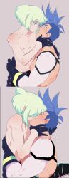2boys androgynous bob_cut femboy galo_thymos gay holding_partner kissing kukumomo lio_fotia making_out promare shirtless short_hair slim slim_male slim_waist thin twink yaoi