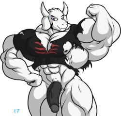 1boy 2017 2d abs anthro anthro_male anthro_only asriel_dreemurr balls bara biceps big_muscles big_penis black_penis boss_monster caprine caprine_horns caprine_humanoid clothing feet_out_of_frame flexing fur furry furry_male furry_only goat goat_ears god_of_hyperdeath horn huge_muscles humanoid humanoid_male humanoid_only hyper hyper_muscles male male_nipples male_only mammal mammal_humanoid muscular muscular_arms muscular_legs muscular_male muscular_thighs navel nipples nipples_visible_through_clothing pecs penis png purple_eyes shirt smile solo stx70 torn_clothing uncircumcised uncut undertale undertale_(series) vein veiny_penis video_games white_fur