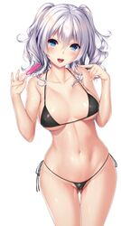 10s bikini black_bikini blue_eyes blush breasts cameltoe collarbone erect_nipples eyebrows_visible_through_hair female fingernails hair_between_eyes highres kantai_collection kashima_(kantai_collection) long_hair looking_at_viewer medium_breasts micro_bikini navel nironiro open_mouth panties pointing pregnancy_test shiny shiny_skin side-tie_bikini side-tie_panties silver_hair simple_background skindentation solo strap_gap swimsuit teeth thigh_gap twintails underboob underwear upper_body wavy_hair white_background wide_hips