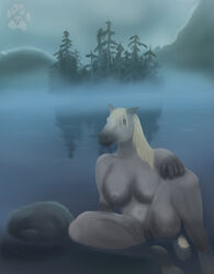 2017 ammy_rootpaws animal_genitalia anthro big_breasts black_pussy blue_eyes breasts dapple detailed_background digital_media_(artwork) equine erect_nipples female forest horse lake large_breasts long_legs looking_at_viewer mammal nature night nipples nude outside pose pussy sky solo tree water