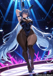 1girl absurdly_long_hair ai_assisted ai_generated animal_ears arm_strap arms_behind_head azur_lane bangs bare_shoulders between_breasts black_footwear black_hair black_legwear black_leotard blue_eyes blue_hair blush bowtie breasts brown_legwear bunny_ears bunny_girl bunny_tail bunnysuit cleavage covered_navel curvaceous curvy curvy_female curvy_figure detached_collar eyebrows_visible_through_hair fake_animal_ears female full_body gloves hair_ornament high_heels large_breasts leotard long_hair looking_at_viewer miyuai multicolored_hair new_jersey_(azur_lane) pantyhose pole_dancing skindentation smile solo standing strapless strapless_leotard streaked_hair thick thick_ass thick_butt thick_hips thick_legs thick_thighs thigh_strap thighs very_long_hair voluptuous voluptuous_female wide_hips wide_thighs wrist_cuffs