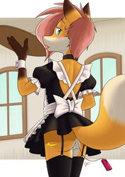 2015 anal anal_masturbation anal_sex anthro ass backsack balls blue_eyes blush bottomless brown_fur canine clothed clothing crossdressing femboy fox fur garter_straps girly hair inside kiyochii legwear looking_at_viewer maid_uniform male mammal masturbation orange_fur penetration pink_hair pink_nose rear_view sex_toy solo stockings thigh_highs tongue tongue_out uniform vibrator white_fur window