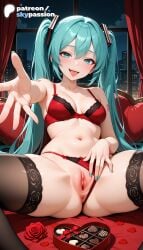 1girls 2026 ai_assisted ai_generated anime aqua_hair aqua_nails artist_name bra curtains explicit female_genitalia genitals hatsune_miku hi_res high_quality high_resolution highres long_hair looking_at_viewer miku_hatsune nail_polish navel night night_sky outstretched_arm patreon patreon_username pussy red_nails red_rose rose sky skypassion solo spread_pussy stable_diffusion thighhighs toenail_polish tongue tongue_out twintails uncensored_pussy uncensored_vagina underwear valentine's_day valentines_day very_long_hair vocaloid watermark window