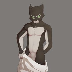 1boy 4_fingers balls black_fur cat cat_ears cat_tail chest_tuft clothing domestic_cat felid feline fetchmonkey_(artist) fur furry green_eyes grey_background lackadaisy male male_only mammal mordecai_heller nude sheath simple_background solo towel undressing whiskers white_fur