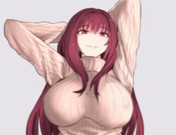 animated arms_behind_head breasts dance dancing doyagao erect_nipples fate/grand_order fate_(series) female highres hybrid_animation large_breasts lips long_hair looking_at_viewer photoshop red_eyes red_hair ribbed_sweater scathach_(fate) shaking_breasts simple_background smile solo stroke_(animator) sweater tsuna_maru turtleneck