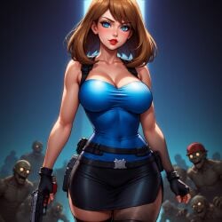 1girls ai_generated big_breasts blue_eyes blush brown_hair brunette_hair female female_focus gun jill_valentine_(cosplay) large_breasts looking_at_viewer may_(pokemon) miniskirt pokemon red_lips red_lipstick resident_evil_3 strapless strapless_top zombie zombies