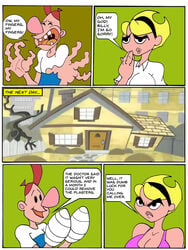 1boy 1girls aged_up bandages big_breasts billy_(billy_and_mandy) breasts broken_fingers buenos_dias_mandy caglioro3666 cartoon_network cleavage comic dialogue english english_text female male mandy_(billy_and_mandy) older the_grim_adventures_of_billy_and_mandy translated