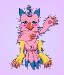 avian beak biyomon blue_eyes blue_markings blush bodily_fluids claws cum dakimakura_design digimon digimon_(species) feather_tuft feathers female genital_fluids genitals hi_res lying markings p.v.su pink_background pink_body pink_feathers pussy ring simple_background solo tail_feathers toe_claws tuft