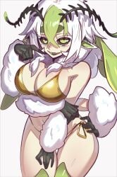 1girl antennae arthropod_girl bare_shoulders bikini black_sclera black_tongue braid breasts cleavage colored_sclera extra_arms fangs gold_bikini golden_bikini golden_week green_eyes green_hair hair_between_eyes hand_on_own_hip indie_virtual_youtuber insect_girl insect_humanoid insect_wings juniper_(egocider) juniper_actias large_breasts looking_at_viewer medium_hair monster_girl moth_antennae moth_girl moth_humanoid moth_wings multicolored_hair nebura_(neburaart) pointy_ears short_twintails skin_fangs streaked_hair swimsuit thighs twin_braids twintails virtual_youtuber white_background white_hair wings