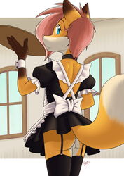 2015 anthro ass backsack balls blue_eyes bottomless brown_fur canine clothed clothing crossdressing femboy fox fur garter_straps girly hair inside kiyochii legwear looking_at_viewer maid_uniform male mammal orange_fur pink_hair pink_nose rear_view solo stockings thigh_highs uniform white_fur window