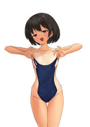 1girl absurdres areola_slip black_hair blue_eyes blush breasts collarbone commentary_request completely_nude covering_privates cowboy_shot d: highres hip_bones hip_dips holding holding_unworn_clothes itsuki_nofuji legs_together looking_at_viewer nude one-piece_swimsuit open_mouth original pussy pussy_peek school_swimsuit short_hair simple_background small_breasts smile solo standing swimsuit tan tanlines white_background