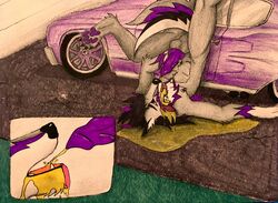 anatomically_correct animal_genitalia anthro bossman1969 canine canine car drinking drinking_urine fur grey_fur lying male mammal nude on_back on_ground peeing penis purple_penis simple_background solo urine urine_in_own_mouth vehicle watersports wetting