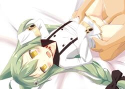 1boy ahoge akashi_(azur_lane) azur_lane black_bow bottomless bow braid clothed_female_nude_male cum cum_in_pussy eyebrows_visible_through_hair female flat_chest green_eyes hair_between_eyes hair_ornament heart long_hair looking_at_viewer missionary no_panties nude open_mouth penis red_bow seiza sex sleeves_past_wrists straight towa_(harvest-key) uncensored vaginal_penetration