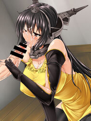 apron black_eyes black_gloves black_hair black_legwear blush breasts cleavage cum cum_in_mouth elbow_gloves facial fellatio female fingerless_gloves gloves headgear highres kantai_collection large_breasts long_hair nagato_(kantai_collection) naked_apron one_eye_closed oral penis puka_puka sideboob sorono_wa_soro thighhighs