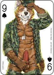 1boy 2017 abs akita animal_genitalia animal_penis anthro canine canine_penis card clothed clothing crotch_grab digital_media_(artwork) dog_tags erection fonyaa fur furry grope hat male male_only mammal millitary muscular muscular_male pecs penis playing_card simple_background smile solo standing stripes teeth text undressing watermark