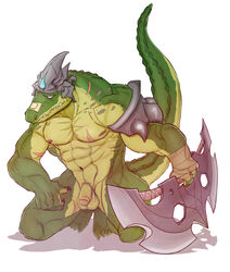 abs anthro armor balls biceps claws crocodile crocodilian cuson fangs flaccid full-length_portrait full_length green_scales kneeling league_of_legends looking_at_viewer male male_only muscular muscular_male nipples nude obliques pecs penis renekton reptile riot_games scales scalie scar solo teeth toe_claws triceps uncut video_games weapon yellow_eyes