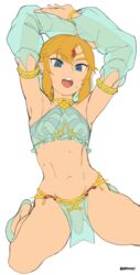 1boy absurdres androgynous arms_up blonde_hair blue_eyes breath_of_the_wild brekkist canon_crossdressing crossdressing detached_sleeves earrings femboy gerudo_link gerudo_top gerudo_veil girly highres hoop_earrings hourglass_figure hylian jewelry link link_(breath_of_the_wild) male navel open_mouth pelvic_curtain penis penis_under_loincloth pointy_ears see-through simple_background solo stomach the_legend_of_zelda trap