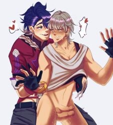 balls bottomless caelus_(honkai:_star_rail) cum_between_thighs dubious_consent dubious_pleasure from from_behind frottage frotting gay grabing_from_behind grope groping_from_behind half-dressed hand_on_chest hand_under_clothes heart hearts_around_head loving_gaze penis pinned pinned_to_wall precum precum_drip rubbing rubbing_penis sampo_(honkai_star_rail) tears