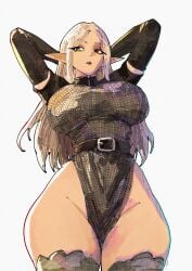 absurdres armor arms_behind_head belt belt_buckle black_belt black_lips breasts buckle chainmail commentary cowboy_shot curvy detached_sleeves elf english_commentary facing_viewer female green_eyes grey_leotard grey_thighhighs groin highres large_breasts leotard lipstick long_hair long_sleeves looking_to_the_side makeup miregeist original parted_bangs parted_lips pointy_ears simple_background solo thick_thighs thighhighs thighs white_background white_hair
