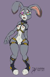 2017 anthro arashidrgn disney female flat_chest fur furry hypnosis judy_hopps lagomorph mammal mind_control nipples nude purple_eyes pussy rabbit raised_inner_eyebrows simple_background solo spiral_eyes uniform zootopia