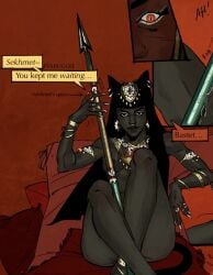 bastet bastet_(egyptian_mythology) black_skin brown_skin cat_ears cat_tail egyptian_mythology evilbuggee female jewelry nude nude_female page_1 red_eyes seductive seductive_look seductive_smile sekhmet_(egyptian_mythology) spear yuri