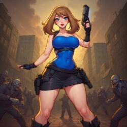 1girls ai_generated big_breasts blue_eyes blush brown_hair brunette_hair city_background female female_focus gun jill_valentine_(cosplay) large_breasts looking_at_viewer may_(pokemon) miniskirt pokemon red_lips red_lipstick resident_evil_3 strapless strapless_top zombie zombies