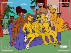 1boy 4girls acting beach beach_background breasts brown_body brown_skin coconut excitation excited excited_expression excited_female excited_for_sex excited_male grabbing_ass handsome handsome_man imminent_sex looking_at_penis looking_at_viewer microphone moe_szyslak muscular muscular_male nude nude_female nude_male painted_lips patch penis porn_star pornography recording recording_video sexy sexy_female shoes sofa the_simpsons yellow_body yellow_skin