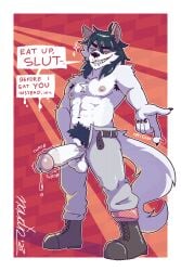 abs anthro armpit_hair balls beckoning belt big_penis bodily_fluids body_hair boots bottomwear canid canine canis chest_tuft circumcised clothed clothing domestic_dog drooling footwear genital_fluids genitals gesture hair hi_res leaking_precum long_hair male mammal naudiz_(artist) nipples pants pecs penis precum pubes saggy_balls saliva shoes smile solo standing tail throbbing throbbing_penis topless tuft vein veiny_penis
