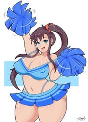 1girls amaya_haruko big_breasts blue_eyes breasts brown_hair cheerleader cleavage female female_only human_only large_breasts long_hair looking_at_viewer maken-ki! mehdrawings ponytail skirt solo