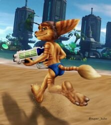 1boy 2020s 2021 anthro ass beach blue_underwear fur gun lombax male male_only ratchet_(ratchet_and_clank) ratchet_and_clank solo super_kubo tagme underwear video_games