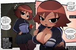 1girls areola_slip black_bra black_eyes blush bra brown_hair clothed cup drink eggshoppe female freckles freckles_on_breasts freckles_on_face hand_on_hip heart holding_object kim_pine open_clothes open_jacket presenting presenting_breasts scott_pilgrim short_hair sweat