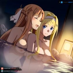 2girls ai_generated alice_schuberg big_breasts blonde_hair blue_eyes brown_eyes curvy curvy_figure juanpiamvs long_hair night nipples nude nude_female onsen patreon patreon_username sitting subscribestar subscribestar_username sword_art_online watermark yuuki_asuna