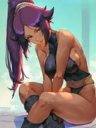 absurd_res ai_generated bare_shoulders bleach boots breasts brown_eyes dark-skinned_female dark_skin female gloves hair_ribbon large_breasts leotard long_hair looking_at_viewer ministro ponytail purple_hair ribbon shihouin_yoruichi sitting solo thighhighs tongue tongue_out