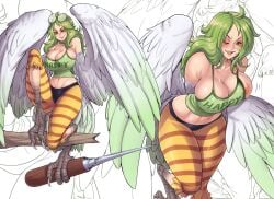 1girls absurdres bare_shoulders bird_legs bird_tail blush breast_jiggle breasts busty cleavage clothes_writing coke-bottle_glasses crop_top eyewear_on_head feather_coat feathered_wings feathers female female_focus female_only glasses gradient_wings green_feathers green_hair green_tank_top green_wings harpy highres holding holding_with_feet ice_pick insouwu large_breasts leaning_forward long_hair looking_at_viewer midriff monet_(one_piece) monster_girl multicolored_wings multiple_views navel nipple_slip nipples one_piece open_mouth oversized_object pantyhose round_eyewear solo striped_clothes striped_leggings striped_pantyhose tail talons tank_top teeth upper_teeth_only white_feathers white_wings wide_hips winged_arms wings yellow_eyes