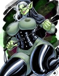 1girls big_breasts corset curvy green_body jgeorgedrawz kneeling latex looking_at_viewer nun_outfit pointy_ears solo