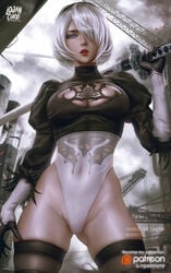 1girls android breasts cleavage female female_only logan_cure looking_at_viewer nier nier:_automata solo solo_focus text thighhighs url watermark yorha_2b