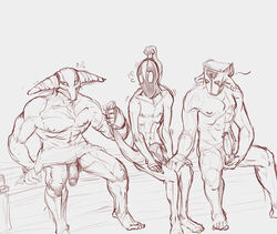 ball_fondling custapple dota_2 erection grin helmet horn juggernaut_(dota) male male_only mask monochrome muscles nipples penis rubick_the_grand_magus sitting skinny sven_the_rogue_knight tagme towel