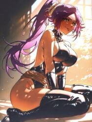 absurd_res ai_generated bare_shoulders bleach boots breasts brown_eyes dark-skinned_female dark_skin female gloves hair_ribbon large_breasts leotard long_hair looking_at_viewer ministro ponytail purple_hair ribbon shihouin_yoruichi sitting solo thighhighs tongue tongue_out