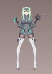 absurdres ballet_boots boots breasts bzs_(kage_no_shinobu) dildo female finger_on_trigger forehead_protector full_body gradient_background green_hair gun highres holding holding_gun holding_weapon large_breasts looking_at_viewer open_mouth original pigeon-toed pointy_ears pussy_juice sex_toy solo standing straight-on thigh_boots twintails weapon yellow_eyes