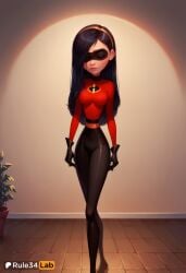 1girls ai_generated artist_name black_gloves black_hair bodysuit breasts covered_navel disney domino_mask facing_viewer full_body gloves hairband hi_res high_heels lips long_hair mask medium_breasts pixar plant potted_plant purple_eyes rule34lab skin_tight solo standing superhero superheroine the_incredibles the_incredibles_2 violet_parr wooden_floor younger_female