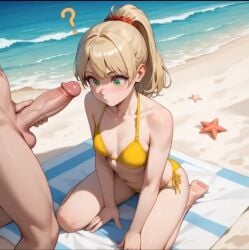 ? ai_assisted ai_generated beach beach_background beach_towel bikini blonde_female blonde_hair cock cock_in_face confused confused_look creep female female_focus little_girl pervert stroking_penis teasing yellow_bikini young younger_female