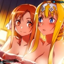 2girls ai_generated alice_schuberg big_breasts blonde_hair blue_eyes brown_eyes curvy curvy_figure juanpiamvs long_hair looking_at_another nipples nude nude_female onsen patreon patreon_username subscribestar subscribestar_username sword_art_online watermark yuuki_asuna