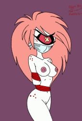 arms_behind_back big_breasts breasts cherri_bomb cherri_bomb_(hazbin_hotel) cyclops damsel_in_distress demon demon_girl demoness female gag gagged hair hazbin_hotel hellaverse jackattack1324 naked nude one_eye pink_hair red_sclera solo solo_female tied_up