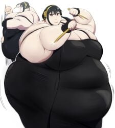 1boy1girl assassin black_clothing gigantic_belly large_belly large_breasts nikutsuki obese sharp_weapons spy_x_family ssbbw yor_forger