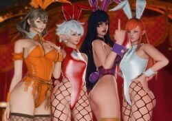 3d 3d_(artwork) 3d_model 4girls alisaie_leveilleur ass ass black_hair blue_eyes breasts brown_eyes brown_hair bunny_ears bunny_girl bunny_tail bunnysuit clothed clothed_female clothing earrings female female_focus female_only final_fantasy_xiv fishnet fishnet_legwear fishnet_stockings fishnets flipping_off gaia_(ffxiv) ginger ginger_hair hair hand_on_hip leotard lipstick long_ears looking_at_viewer medium_breasts middle_finger neckwear queen_sphene revealing_clothes ryne_waters short_hair small_breasts smiling stockings thighhighs thighs white_hair